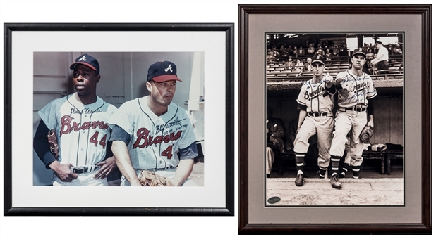 Lot of (2) Dual Signed Photographs In 22 x 26 Framed Displays With Hank Aaron & Eddie Mathews and Warren Spahn & Johnny Sain (Beckett)
